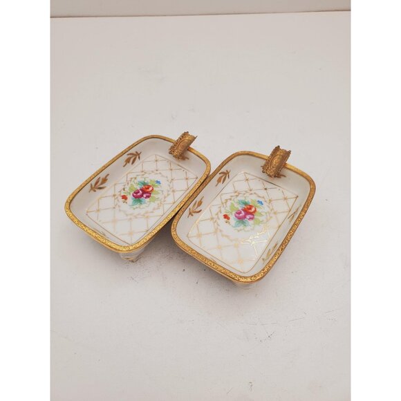 French Porcelaine Footed Ladies Hand Painted Ashtray Trimmed in Bronzed, Bronze - Picture 1 of 10
